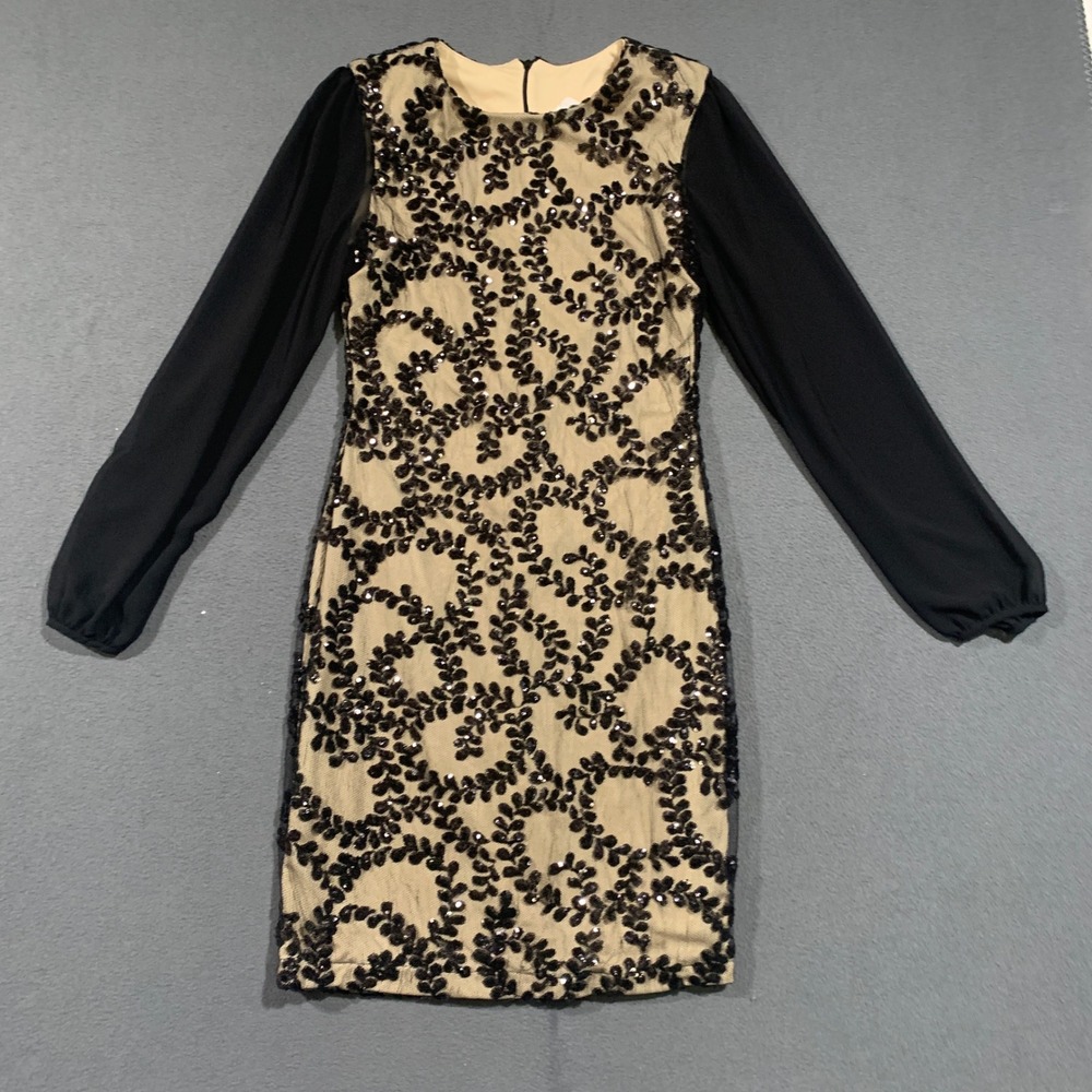 Vintage LBD Rubber Ducky Black Sequin Nude Sheath‎ Dress Long Sleeve Size Large